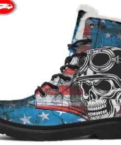biker flag skull rider faux fur leather boots