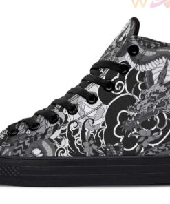 black and white japanese dragon and flowers high top canvas shoes