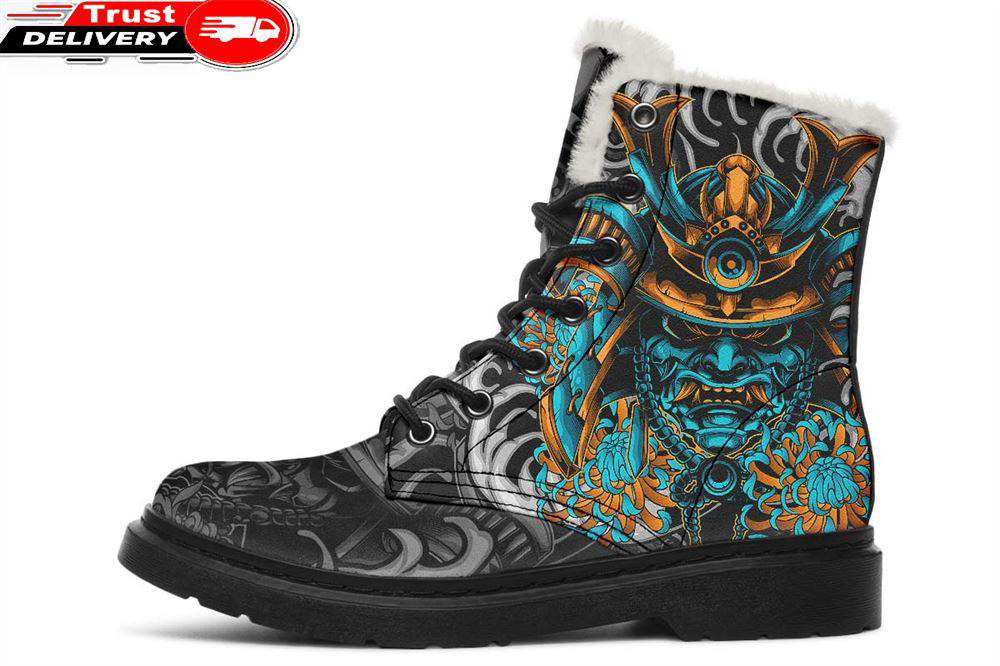blue and gold kabuto mask faux fur leather boots