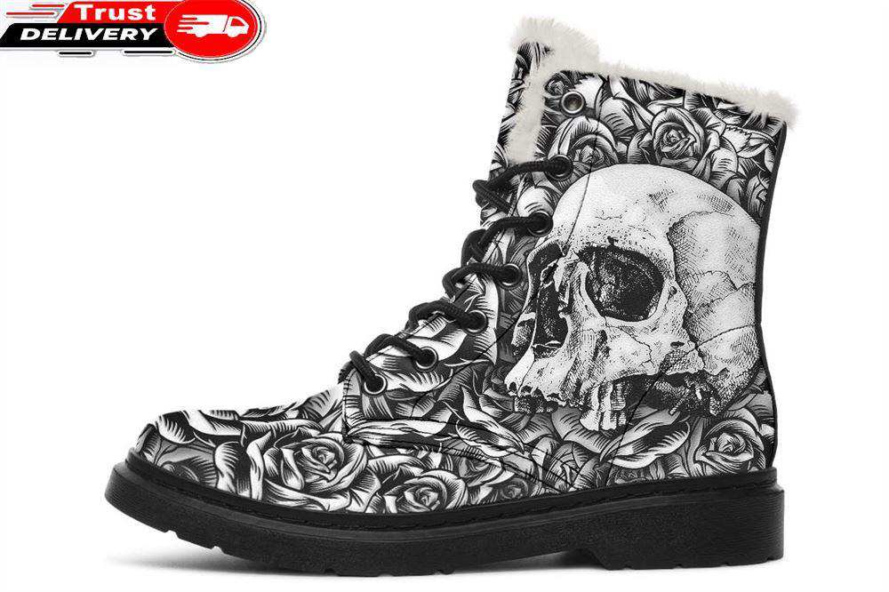 cartoon style skeleton and roses faux fur leather boots