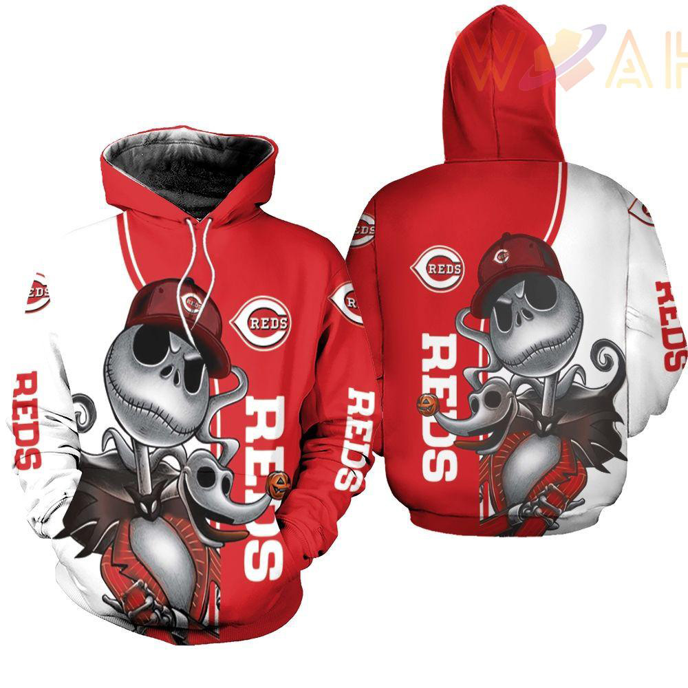 cincinnati reds jack skellington and zero 3d hoodie