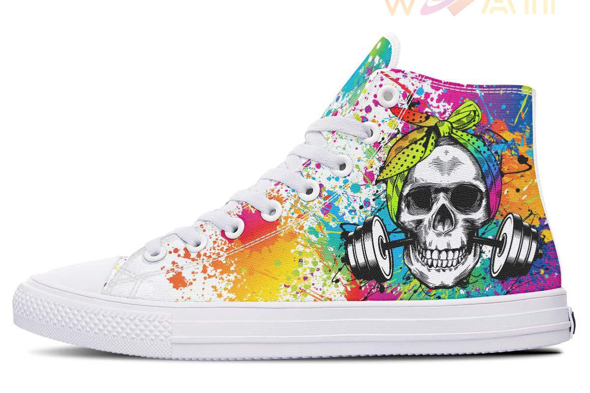 color explosion skull dumbbell high top canvas shoes