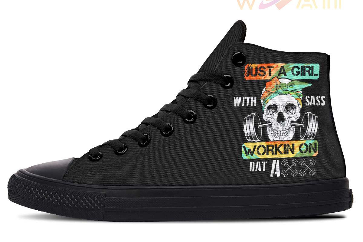 colorful girl with sass high top canvas shoes