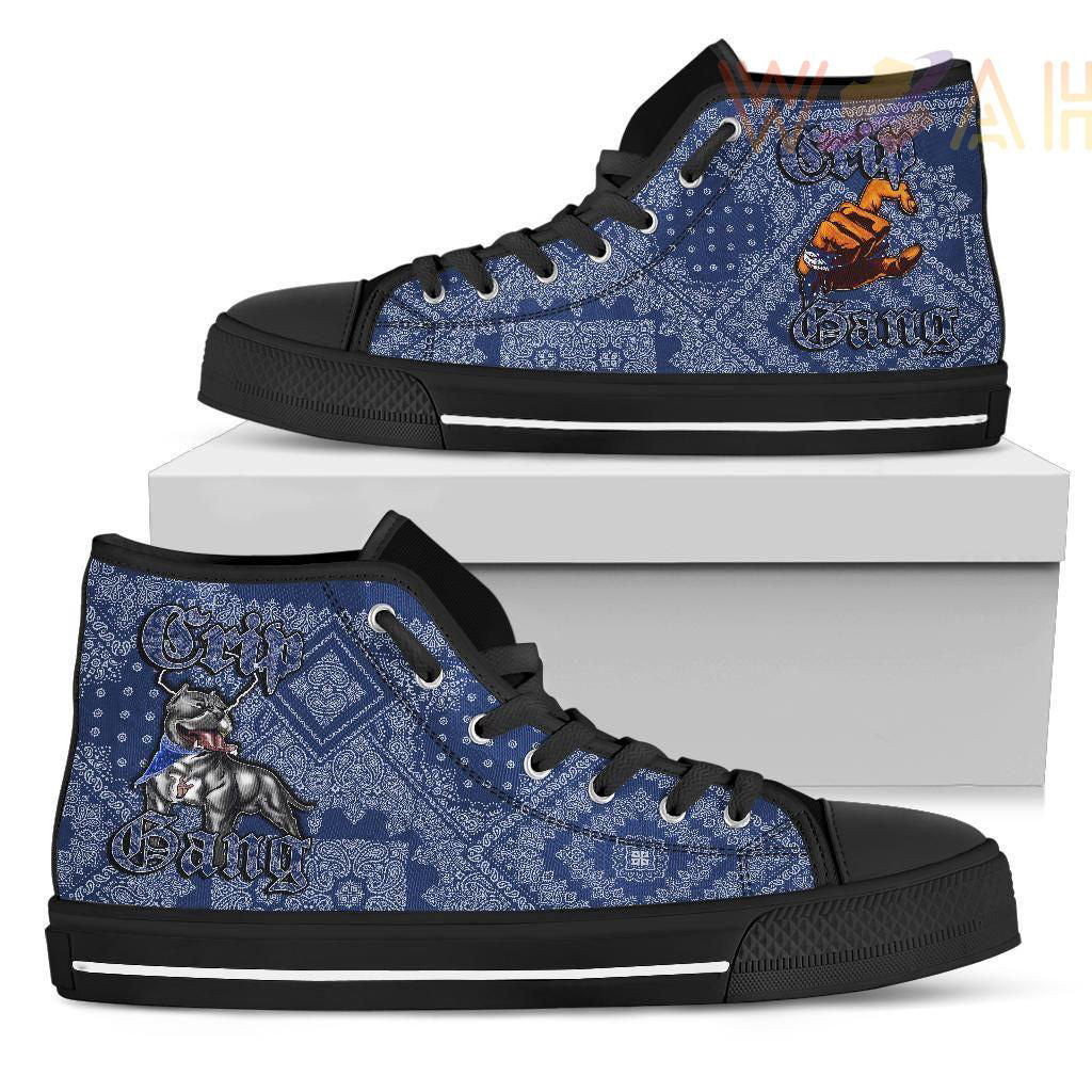 crips gang bulldog high top shoe blue paisley