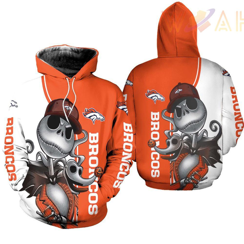 denver broncos jack skellington and zero 3d hoodie