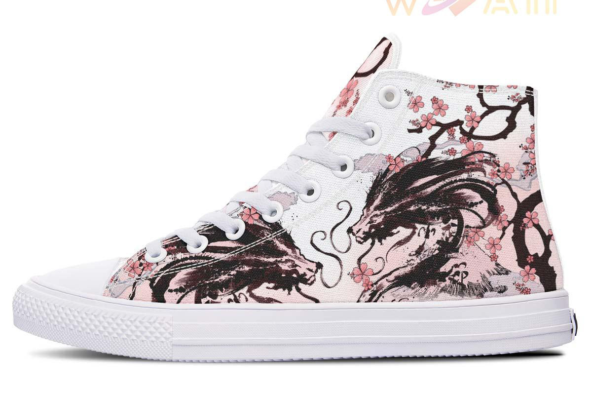 dragon and pink flowers high top canvas shoes