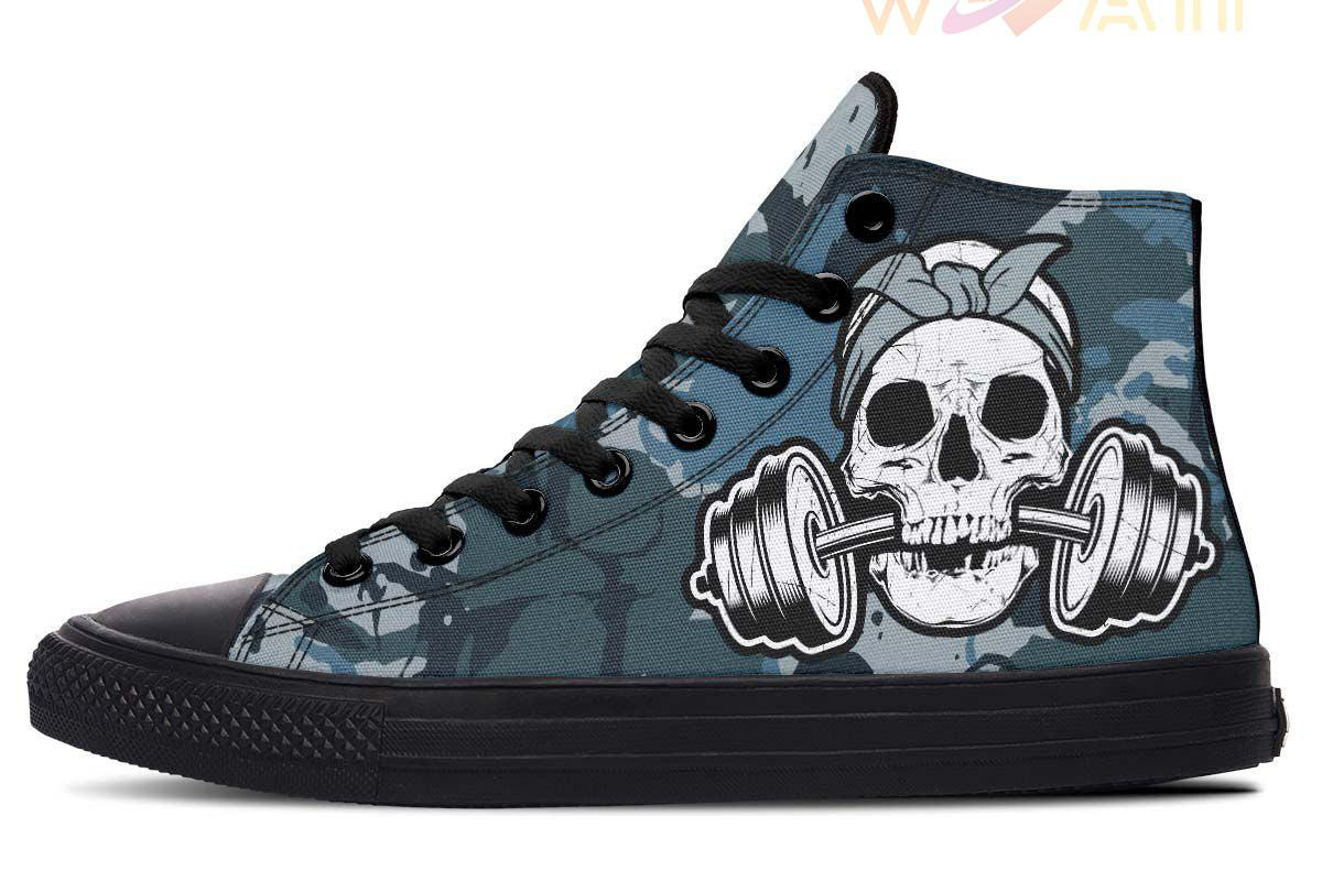 dumbbell camo skulls high top canvas shoes