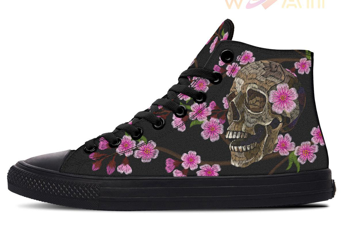 embroidery sakura and skull high top canvas shoes