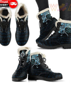 faux fur leather boots fenrir raven and vegvisir tattoo cyan a31