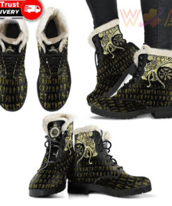 faux fur leather boots fenrir raven and vegvisir tattoo yellow a31