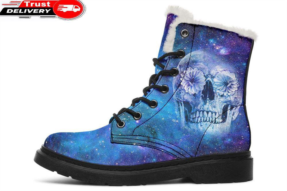 galaxy flower eyes skull faux fur leather boots