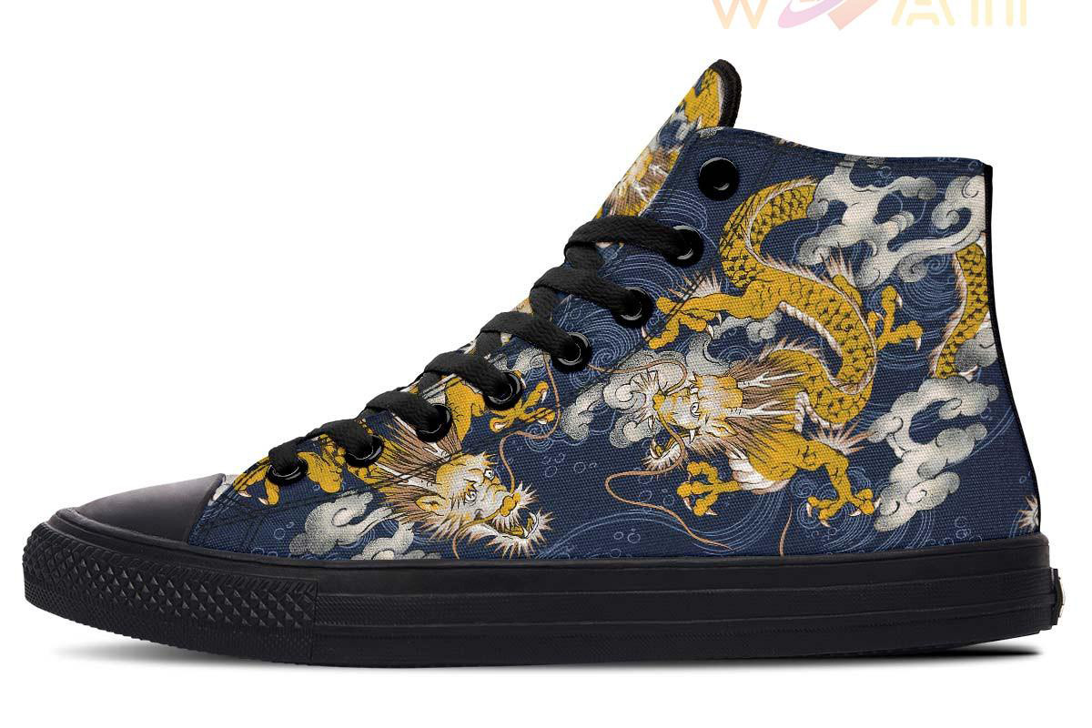 gold dragon and blue waves high top canvas shoes