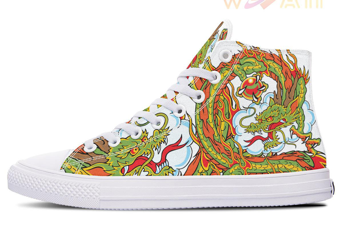 green dragon and cloud high top canvas shoes