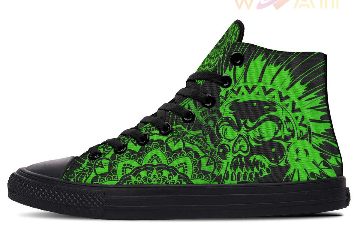 green lightning native american skull high top canvas shoes