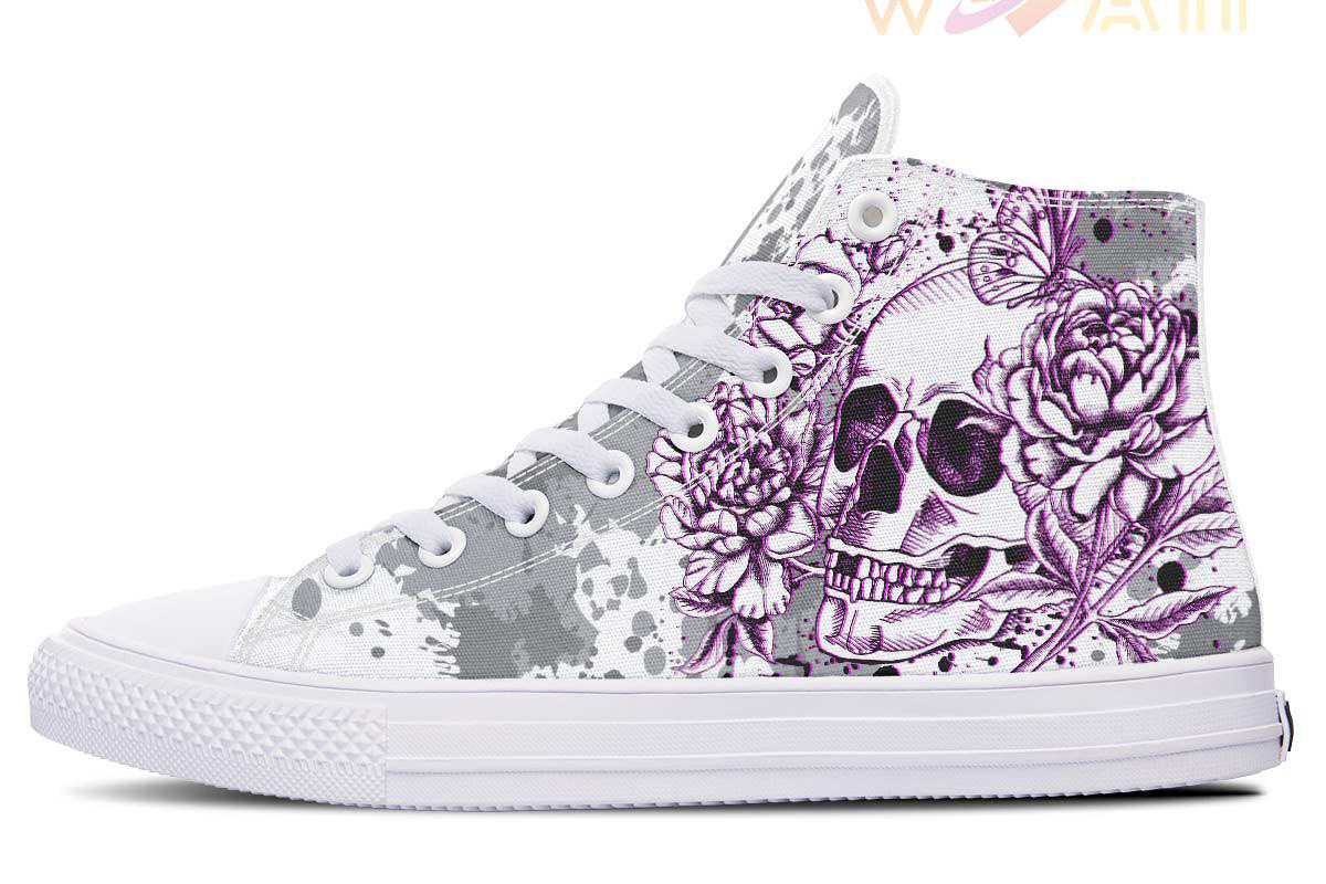grey and purple skull and flowers high top canvas shoes