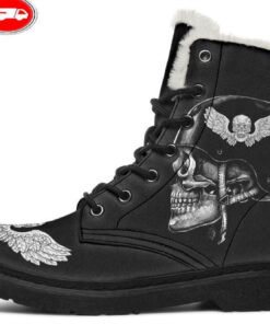 helmet skull faux fur leather boots