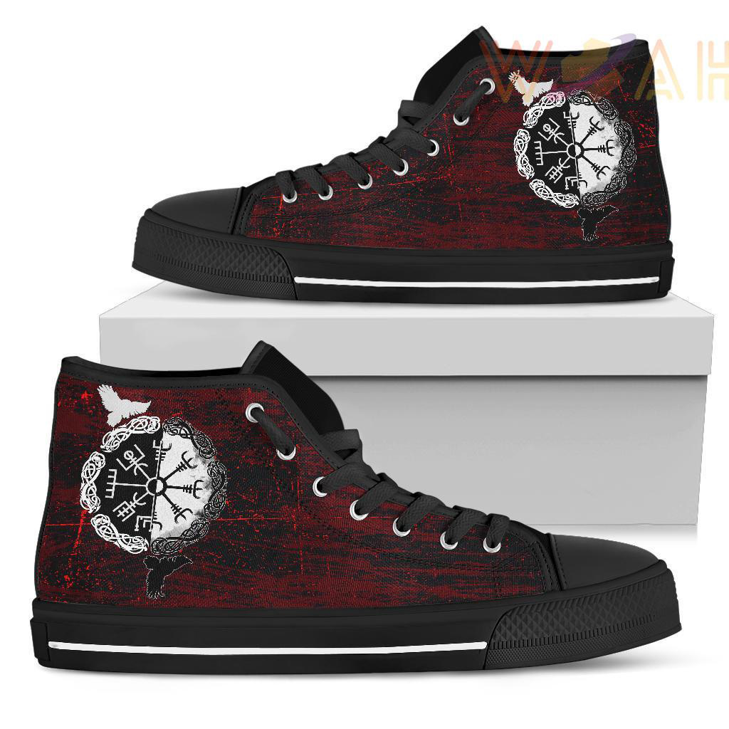 high top shoe raven of odin and symbol viking on blood background