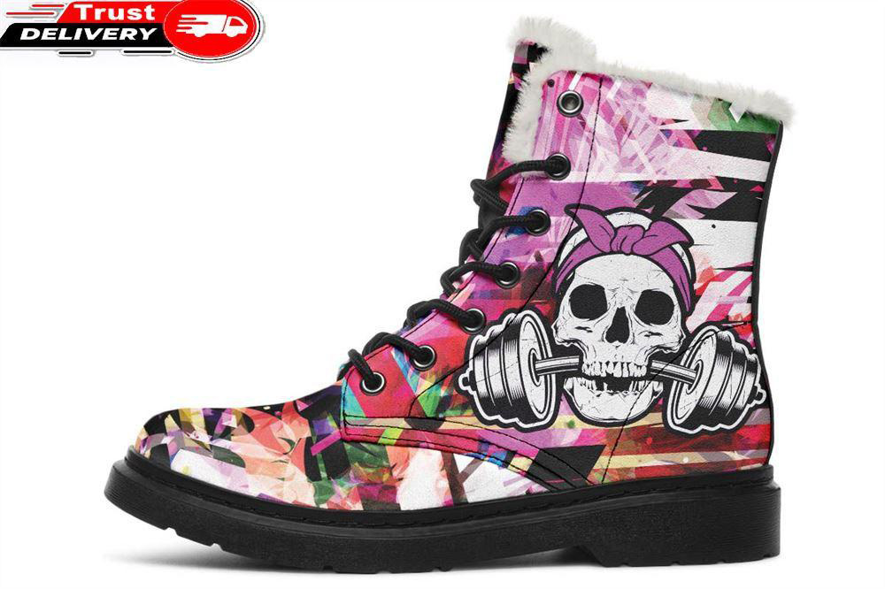 lady flower gym skull faux fur leather boots