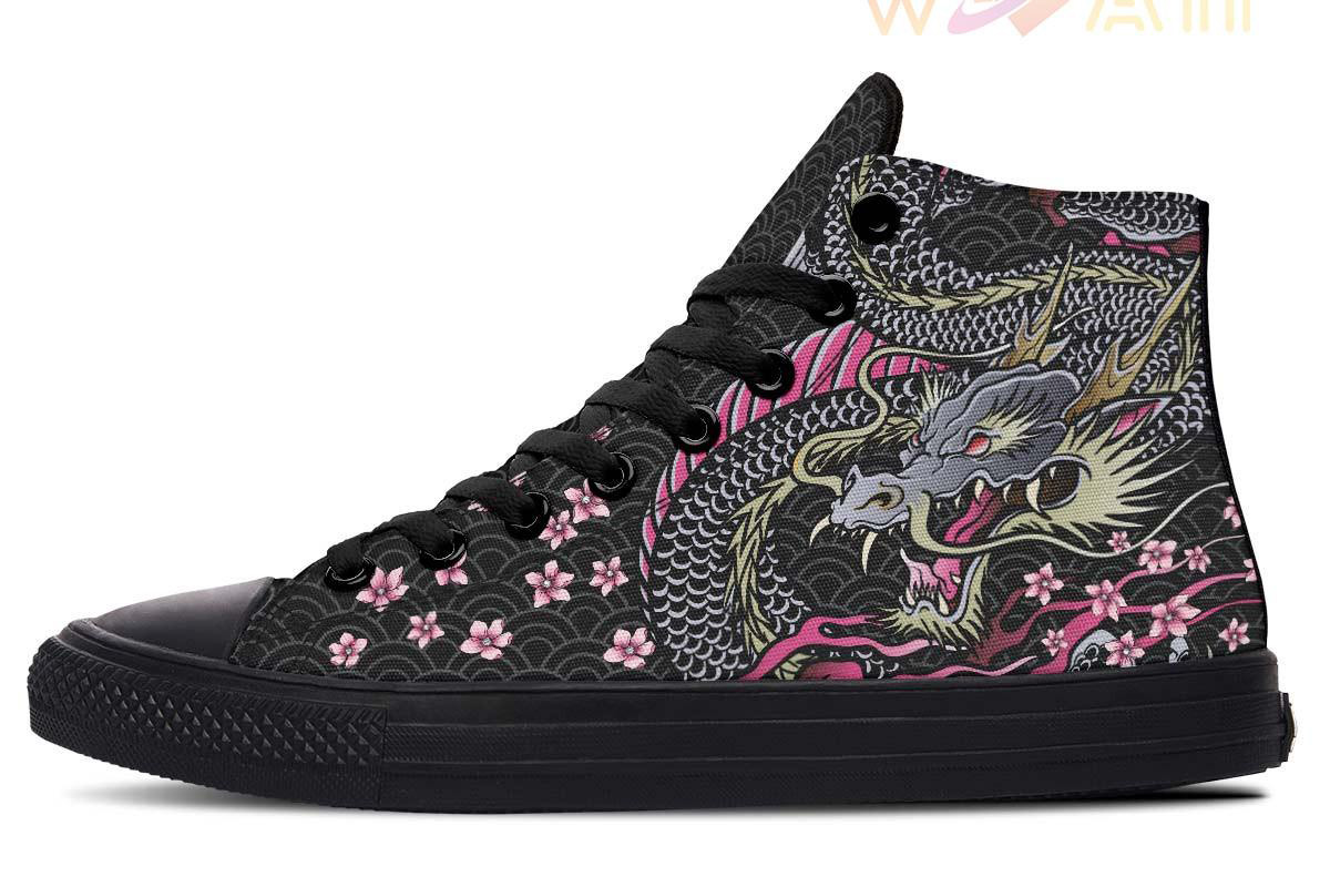 menacing japanese dragon high top canvas shoes