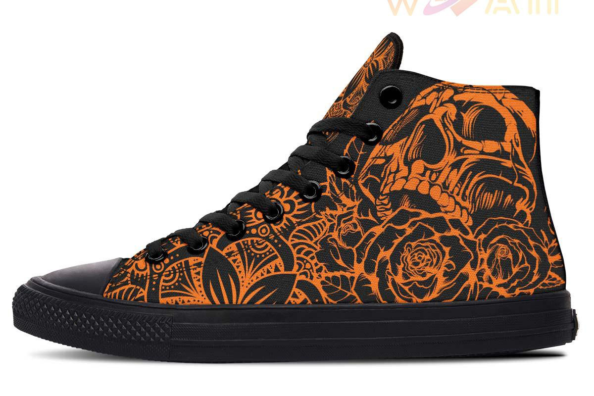 neon orange skull mandala high top canvas shoes