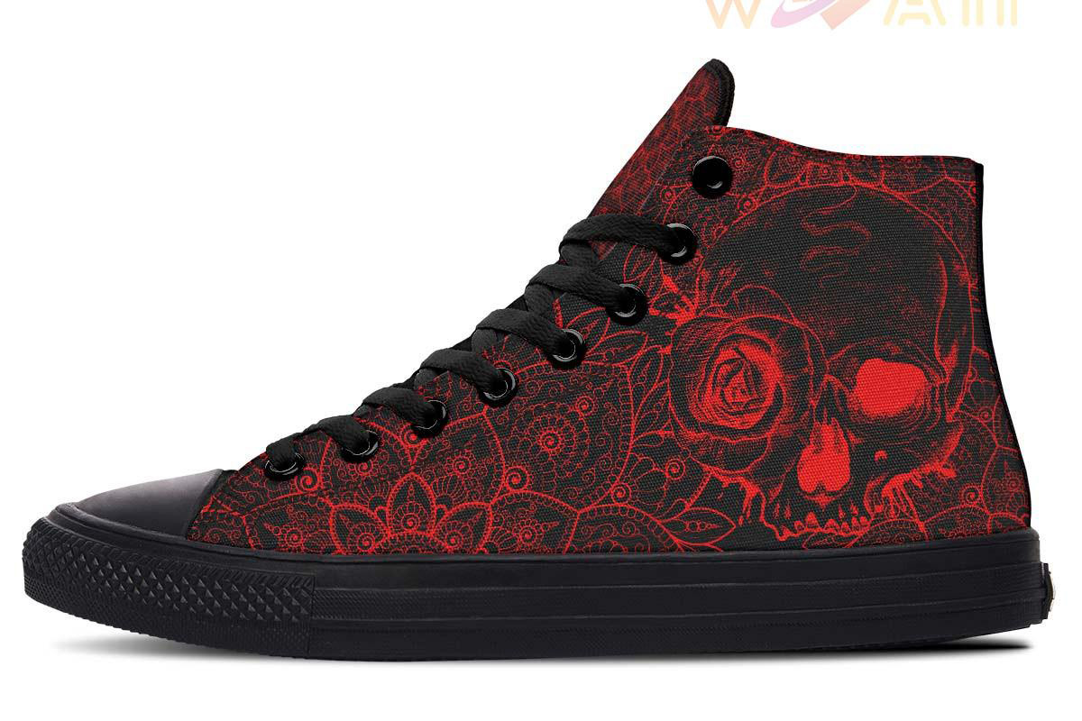 neon red skull and rose high top canvas shoes