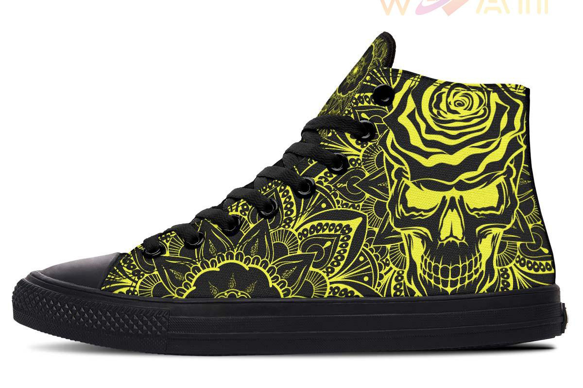 neon yellow skull mandala high top canvas shoes