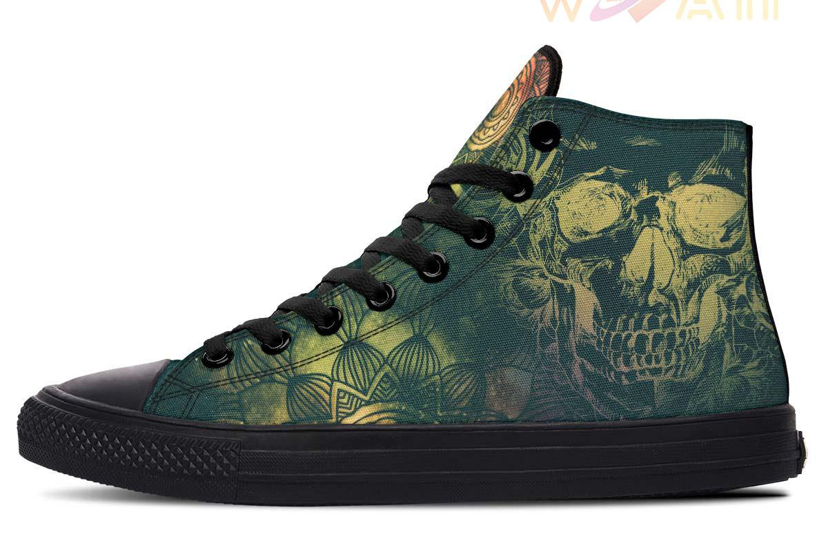 nighttime skull golden mandala high top canvas shoes