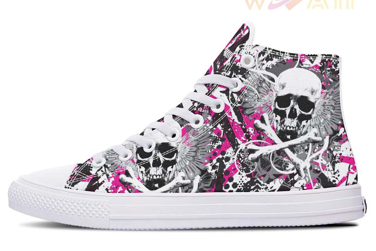 pink and grey skull workout high top canvas shoes