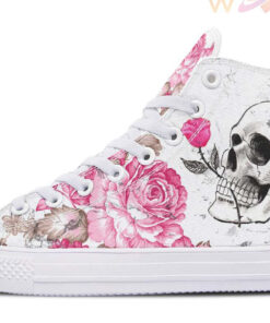 pink rose in the mouth skull high top canvas shoes