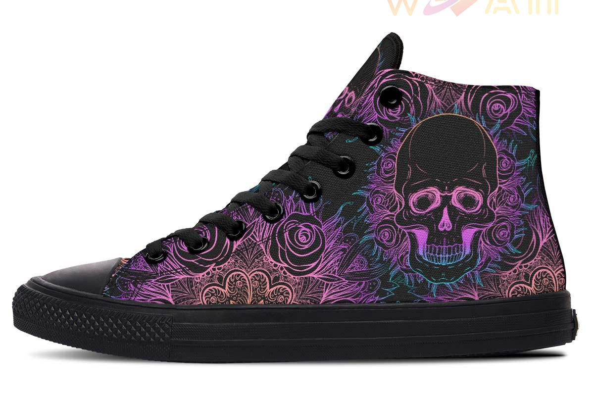 purple gradient skull and roses high top canvas shoes