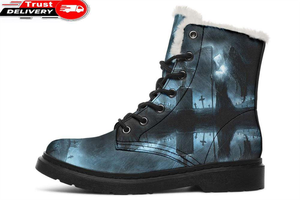 reaper in rain blue night faux fur leather boots