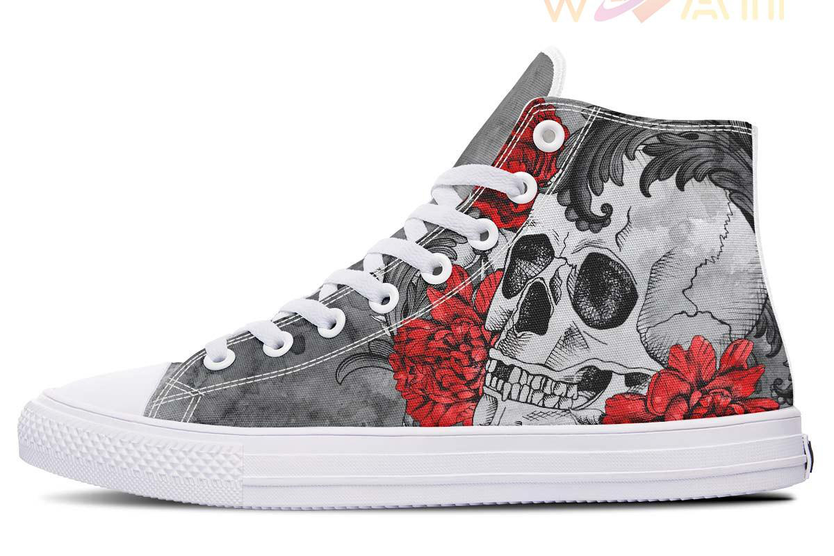 red rose and skull high top canvas shoes