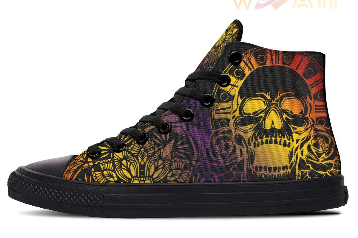 roman numbers clock skull high top canvas shoes