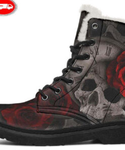 rose skull clock faux fur leather boots 1