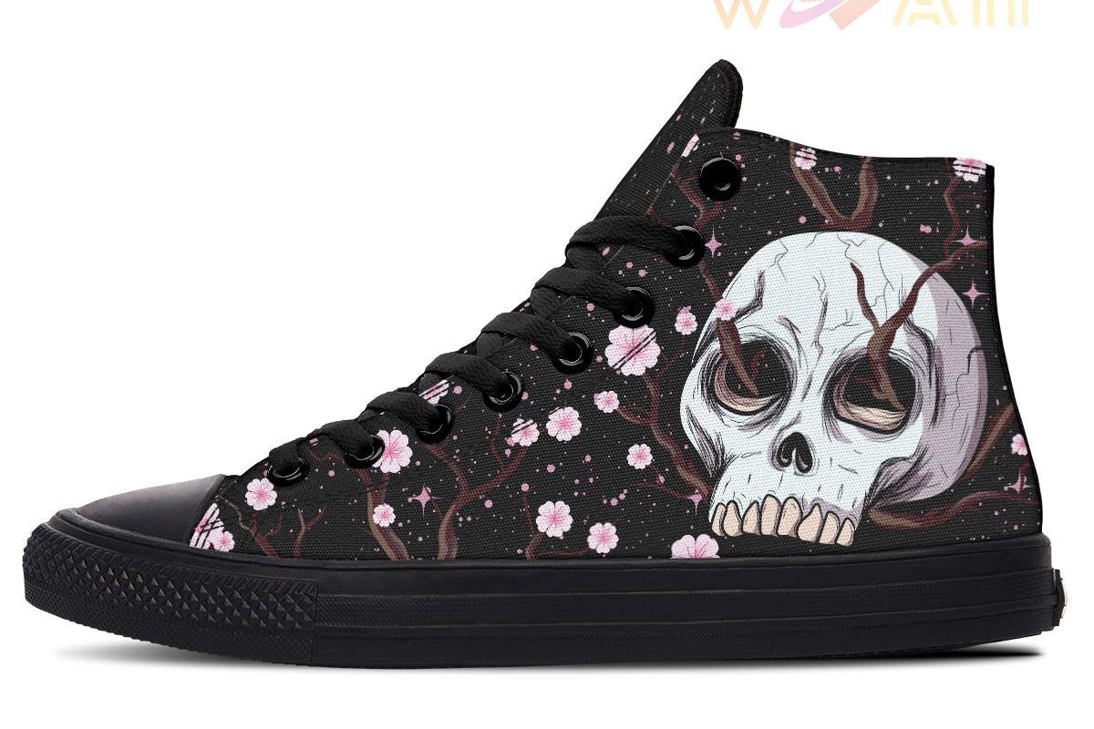sakura growing on skull high top canvas shoes