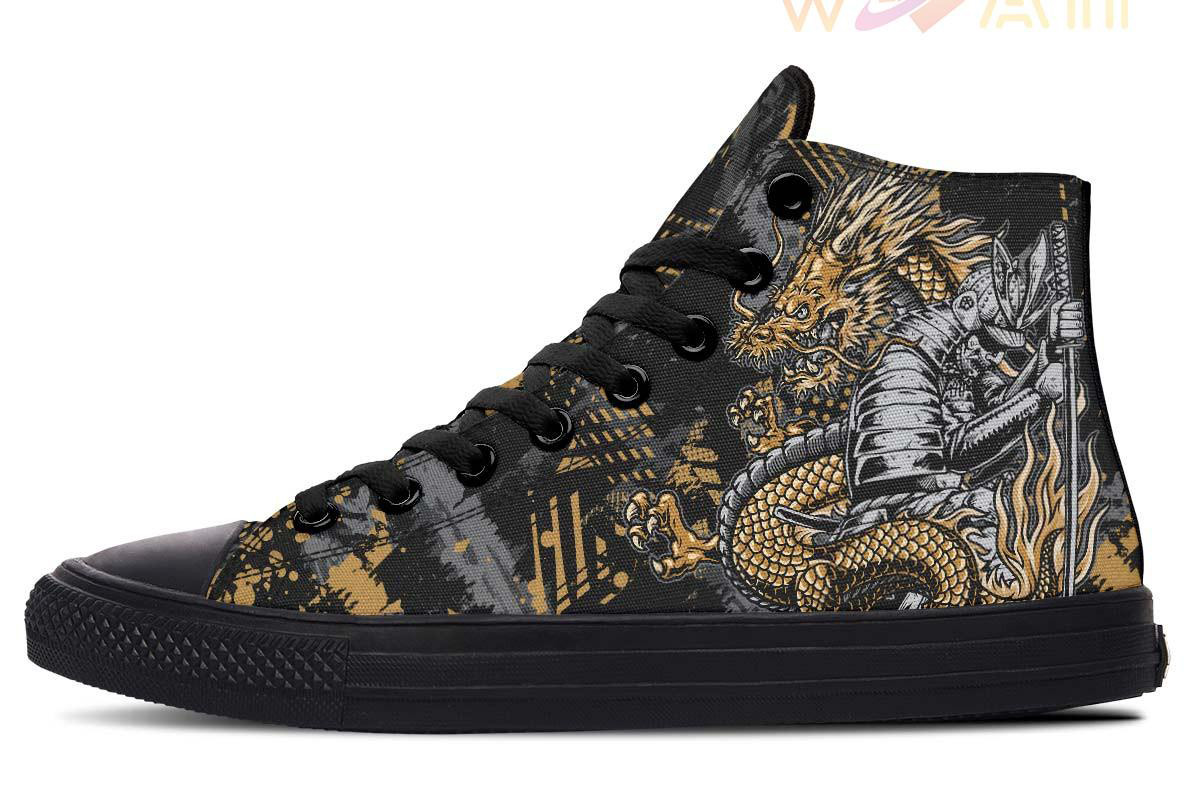 samourai and gold dragon high top canvas shoes