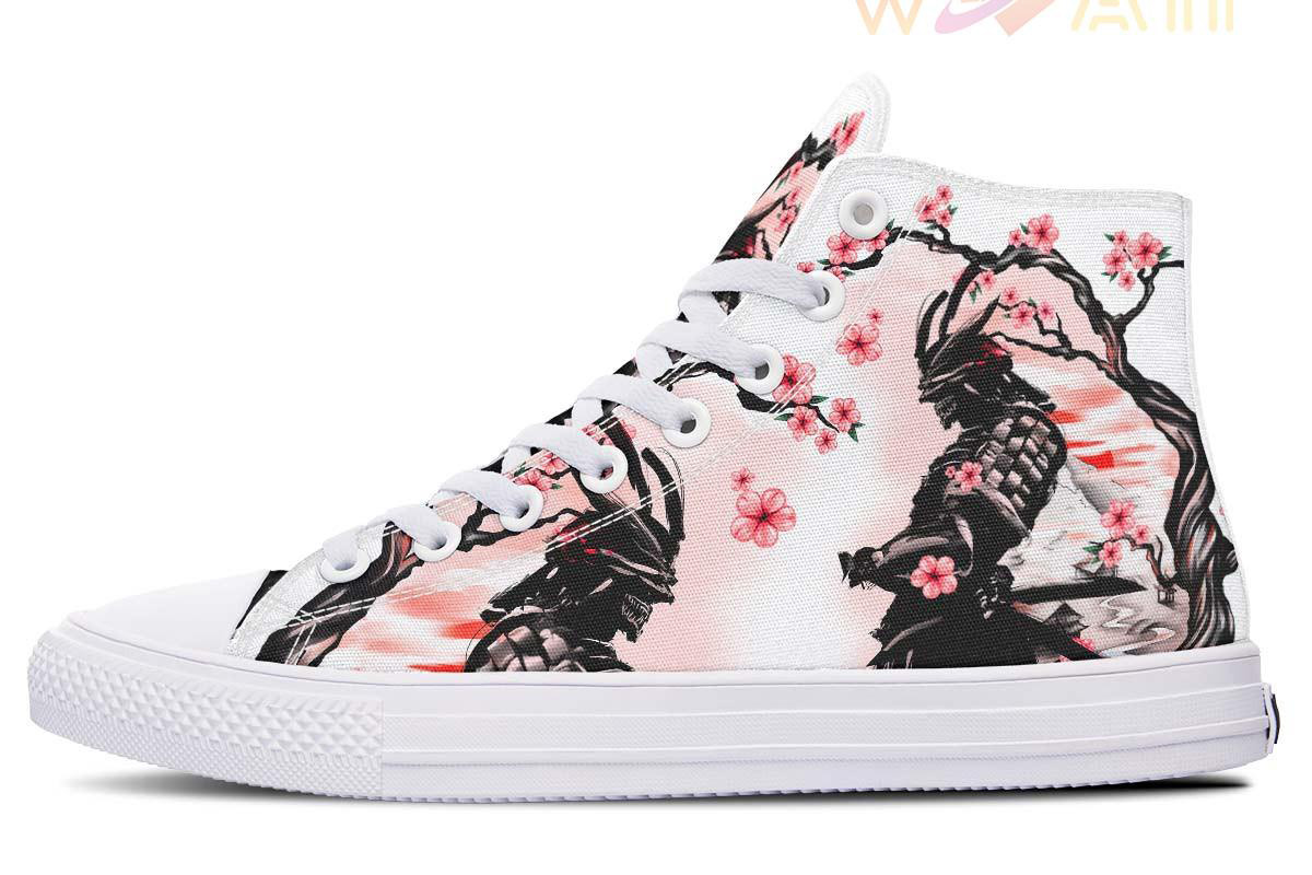 samurai and pink flowers high top canvas shoes