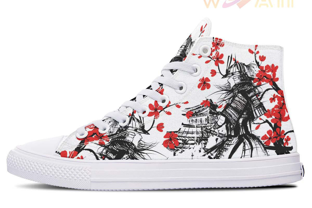 samurai and red flowers high top canvas shoes