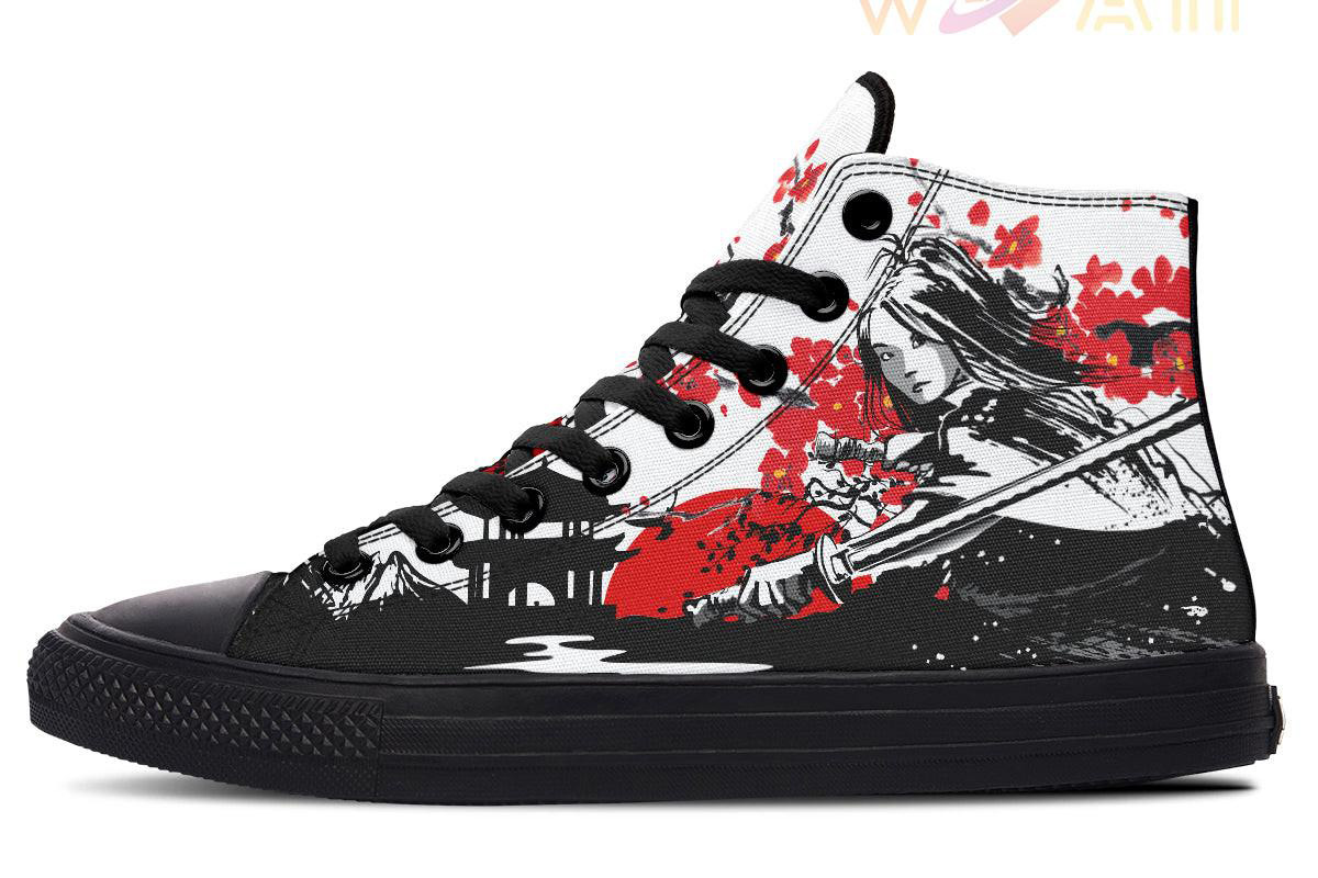 samurai woman painting high top canvas shoes