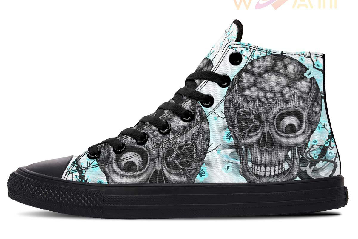 skull and aqua flowers high top canvas shoes
