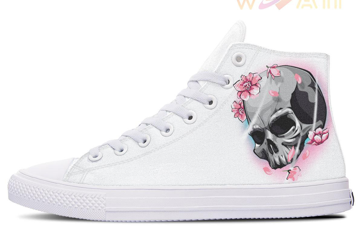 skull and pink petal high top canvas shoes