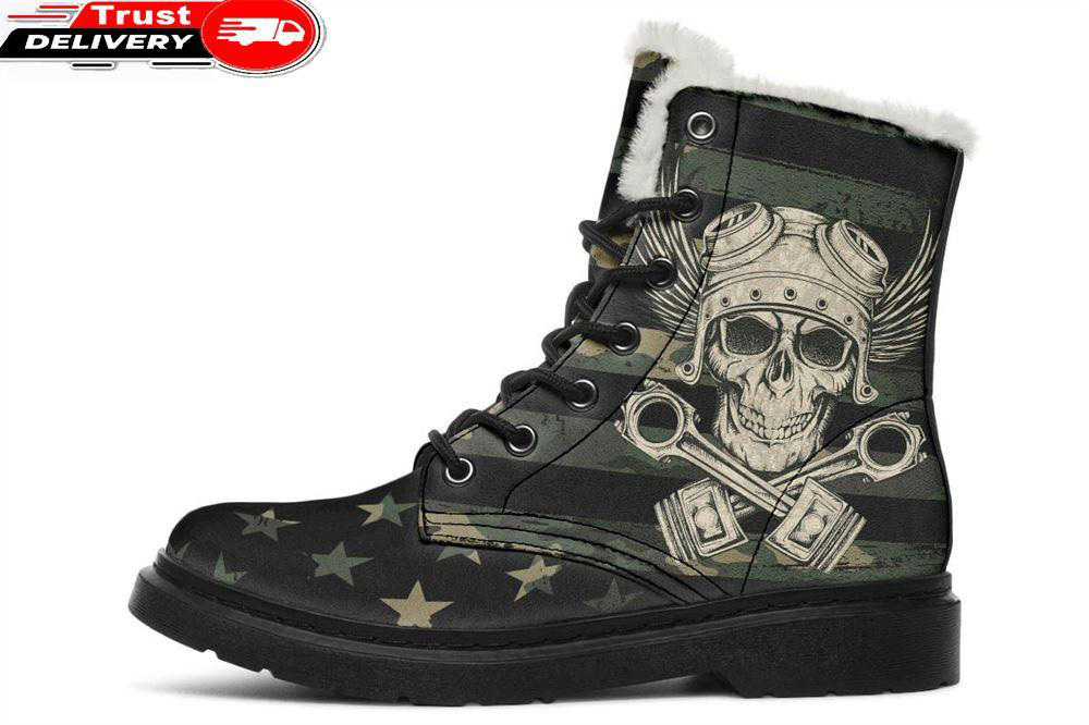 skull piston camo flag faux fur leather boots