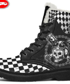 skull race faux fur leather boots