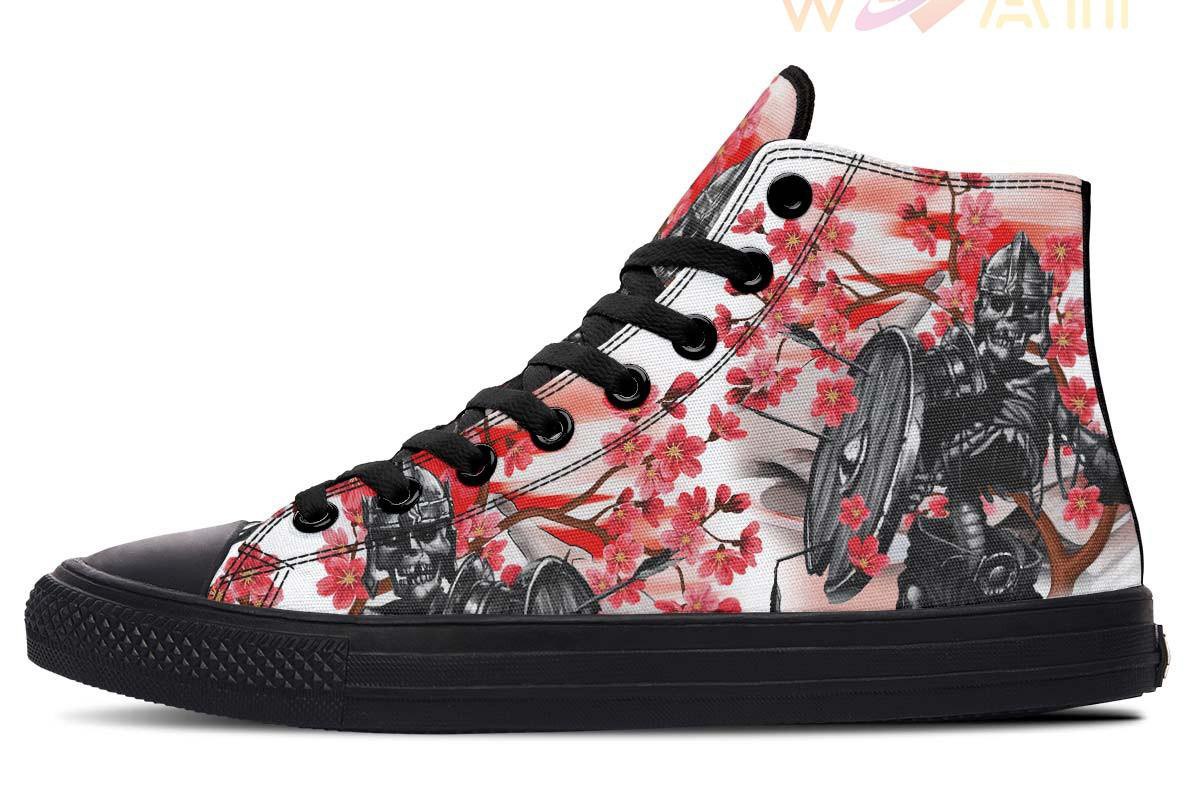 skull warrior and red flowers high top canvas shoes