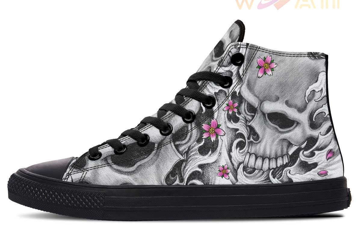 skull waves pink flowers high top canvas shoes