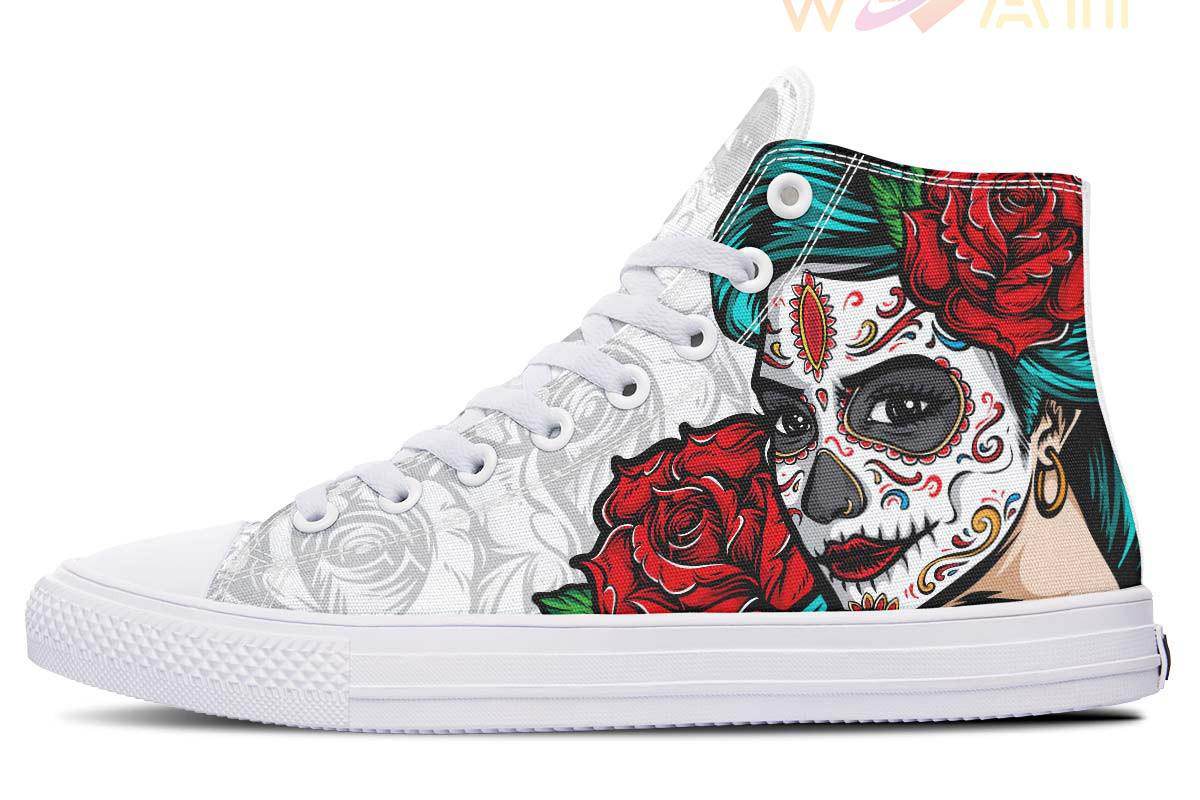 sugar skull woman red rose high top canvas shoes