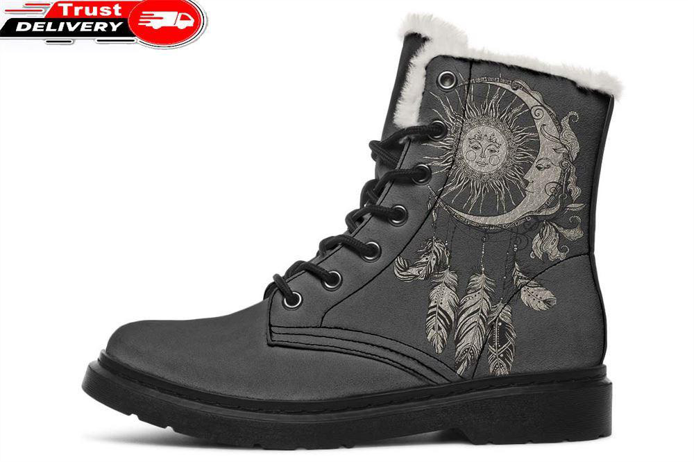 sun and moon dreamcatcher faux fur leather boots