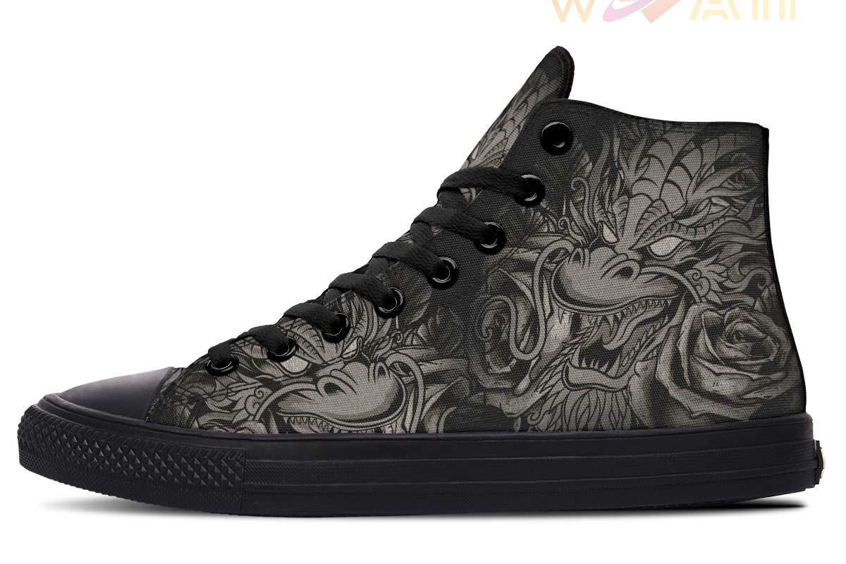 tattoo dragon and rose high top canvas shoes
