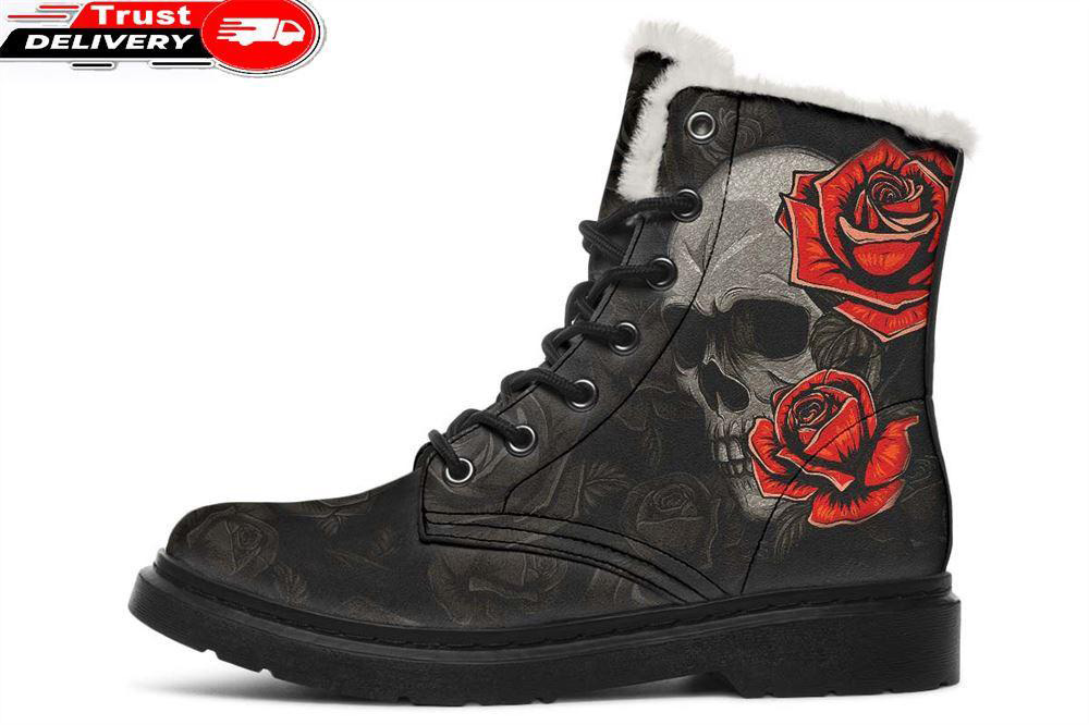 tattoo skull and red rose faux fur leather boots