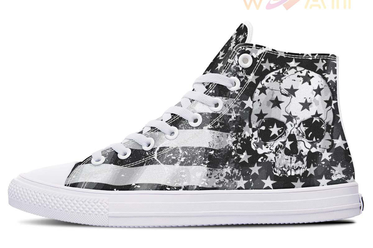 white skull with stars flag high top canvas shoes